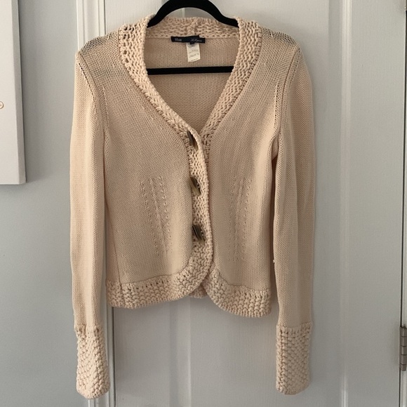 Les Copains Blue Wool Knit Crochet Cardigan size M 42 made in Italy beige - Picture 3 of 16
